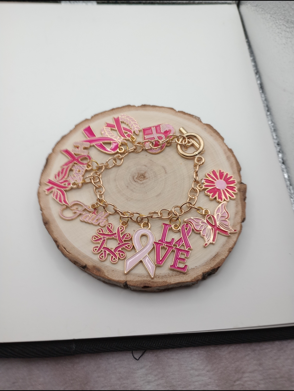Gold Pink Breast Cancer Awareness Charm Bracelet - Picture 3 of 11
